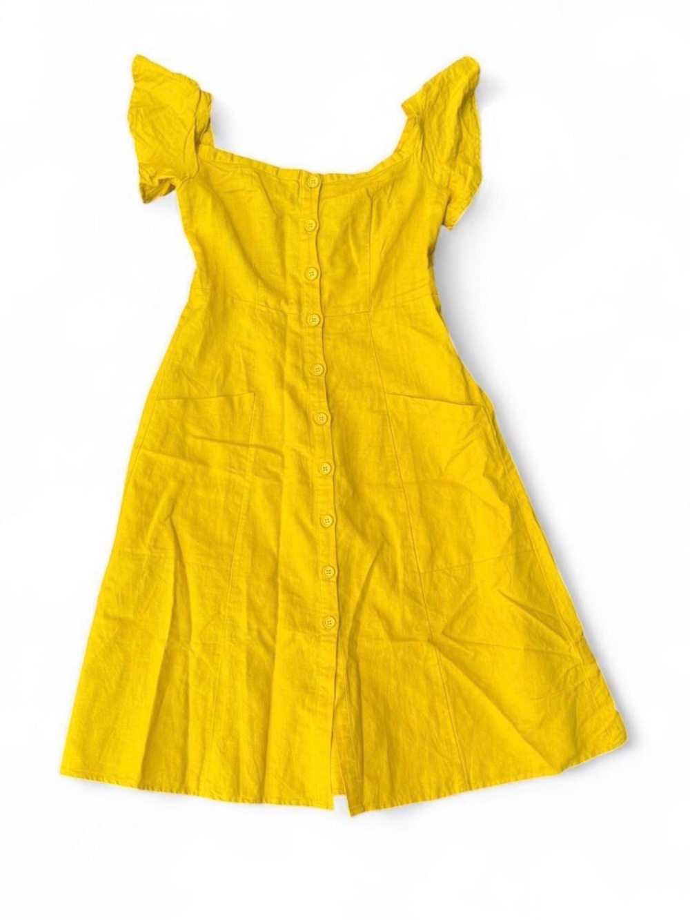 Linen & cotton mustard yellow button down dress flutter sleeves size small